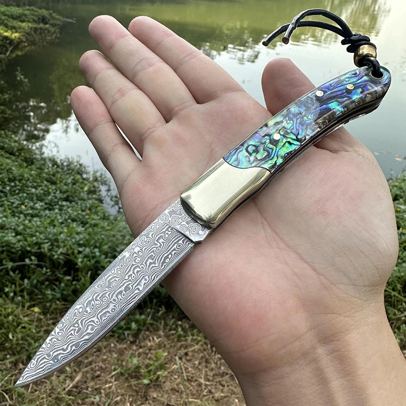 2026 New Design CNC Damascus Outdoor Folding Knife Survival Pocket Huntingwith Wood and Abalone Shell Handle for Camping - product view 3