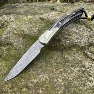2026 New Design CNC Damascus Outdoor Folding Knife Survival with Stainless Steel and African Horn Handle for Camping - product view 2