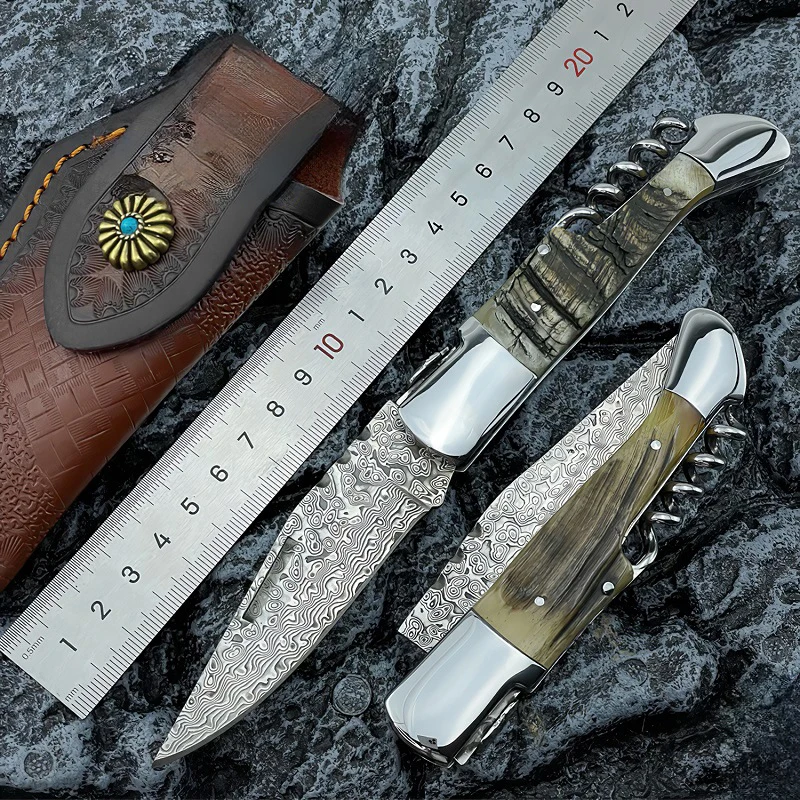 Hot-selling Multi-functional Folding Knife Outdoor Knife Wine Bottle Opener with VG10 Damascus Blade and ram Horn Handle - product view 2