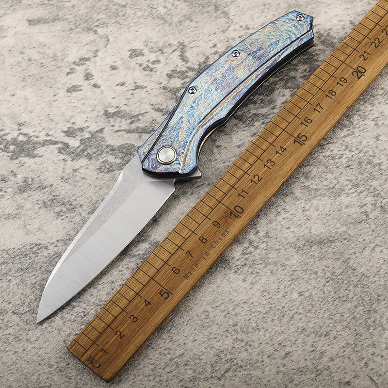 New Design CNC D2 Steel Outdoor Folding Knife Stone Wash with TC4 Titanium Alloy Color-fired Handle for Easy to Carry - product view 2