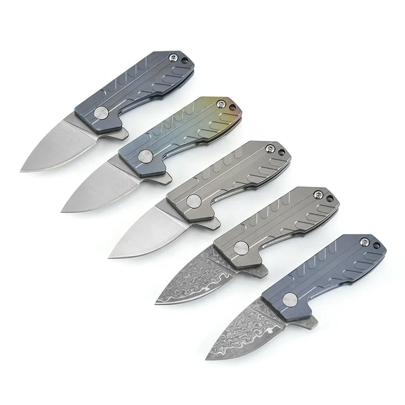 Mini Damascus / D2 Steel Blade Outdoor Camping Pocket Folding Key Knife with Iron Gift Box - product view 1