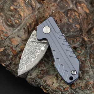 Mini Damascus / D2 Steel Blade Outdoor Camping Pocket Folding Key Knife with Iron Gift Box - product view 3