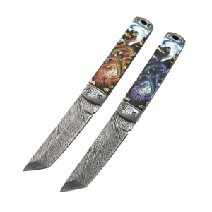 3D Printing Fixed Blade Outdoor Camping Knife with Leather Sheath Full Tang Tanto Point Blade Laser Engraved Damascus product view 1