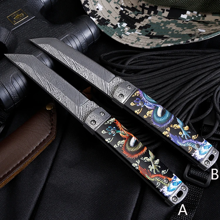 3D Printing Fixed Blade Outdoor Camping Knife with Leather Sheath Full Tang Tanto Point Blade Laser Engraved Damascus product view 3