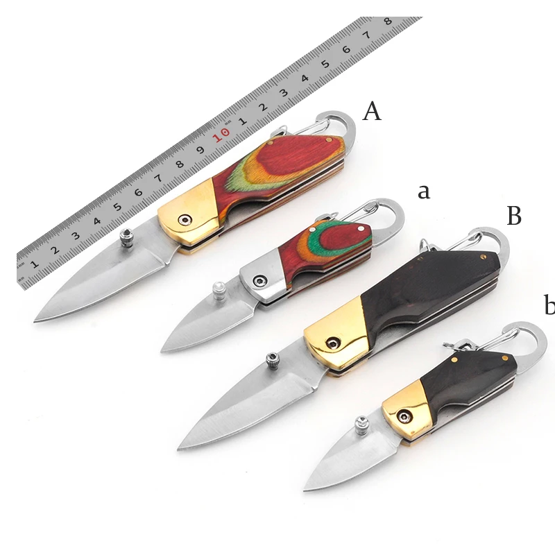 Hot Sale Keyring Knife Wooden Handle Portable EDC Camping Defense Outdoor Folding Pocket Keychain Knife product view 1