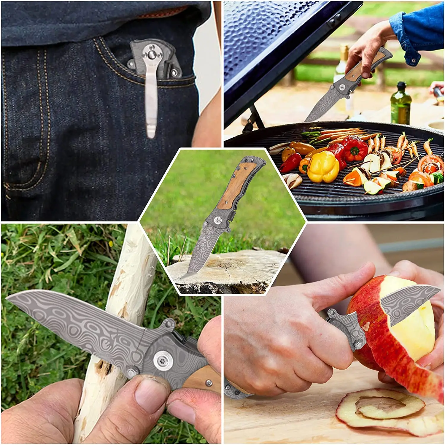 Hot Sale 339 Wholesale Custom logo Olive Wood Handle Damascus Laser Steel Blade EDC Folding Pocket Knife product view 2
