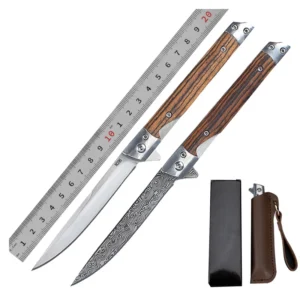 Hot Selling Damascus Pattern Steel Blade Wooden Handle Outdoor Folding Camping Custom Pocket Knife with Leather case