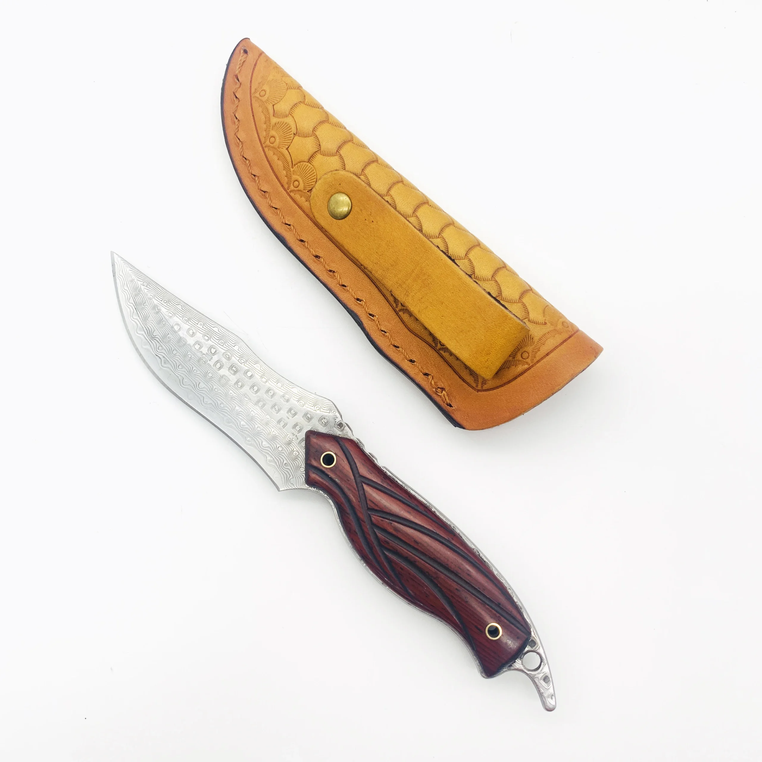 Outdoor Camping Pocket Knife with Rosewood Handle Damascus Steel Leather Sheath DIY Grade Supported product view 4