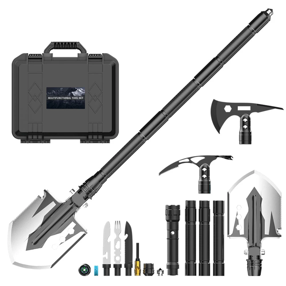 otf-1600303431380-1 Portable 20 Feature Black Folding Shovel Multifunctional Heavy Duty Hoe Knives Fork Essential for Outdoor Emergency product view 1