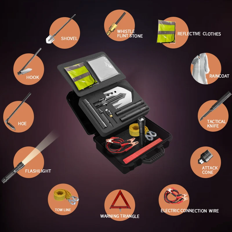Vehicle Roadside Emergence Tool Kit Multitool with Shovel,warn Triangle,tow Wire product view 2