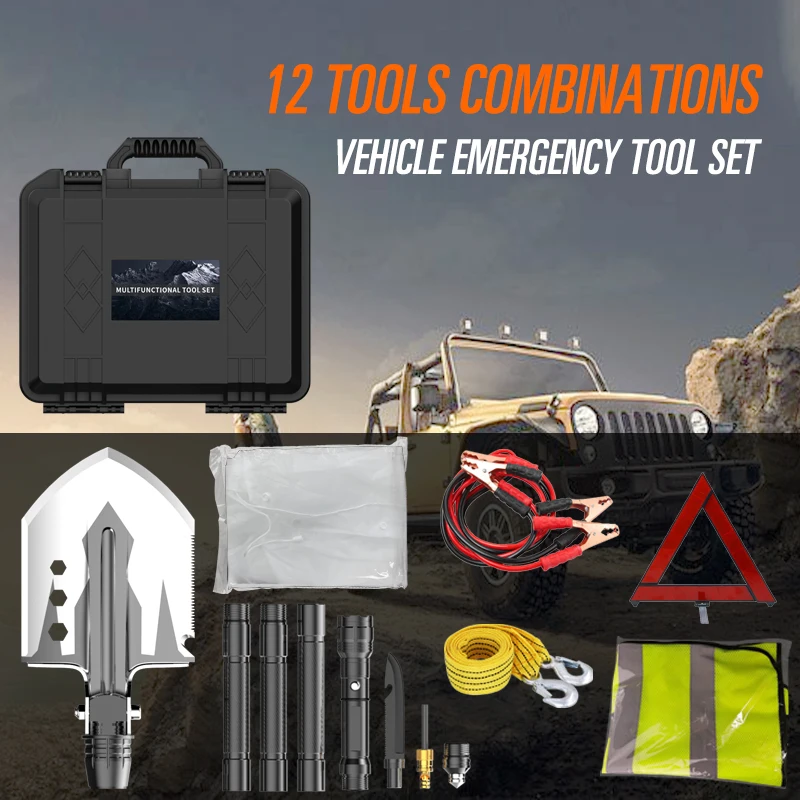 Vehicle Roadside Emergence Tool Kit Multitool with Shovel,warn Triangle,tow Wire product view 4