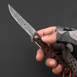 EDC Outdoor Laser Damascus Engraved Lama Wood Handle Pocket Camping Knife product view 2