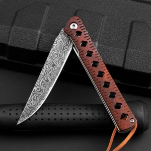 EDC Outdoor Laser Damascus Engraved Lama Wood Handle Pocket Camping Knife product view 3