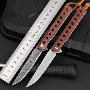 EDC Outdoor Laser Damascus Engraved Lama Wood Handle Pocket Camping Knife product view 4