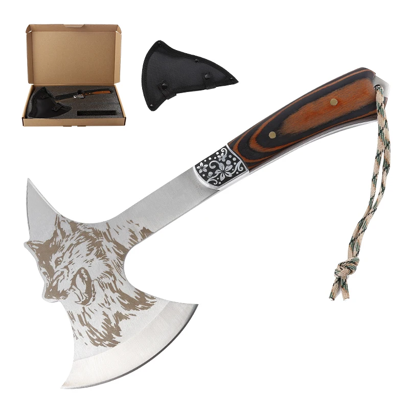 Hot Selling Multi Functional Wild Wolf Pattern Wooden Handle Outdoor Camping Tactics Handmade axe Tool product view 1