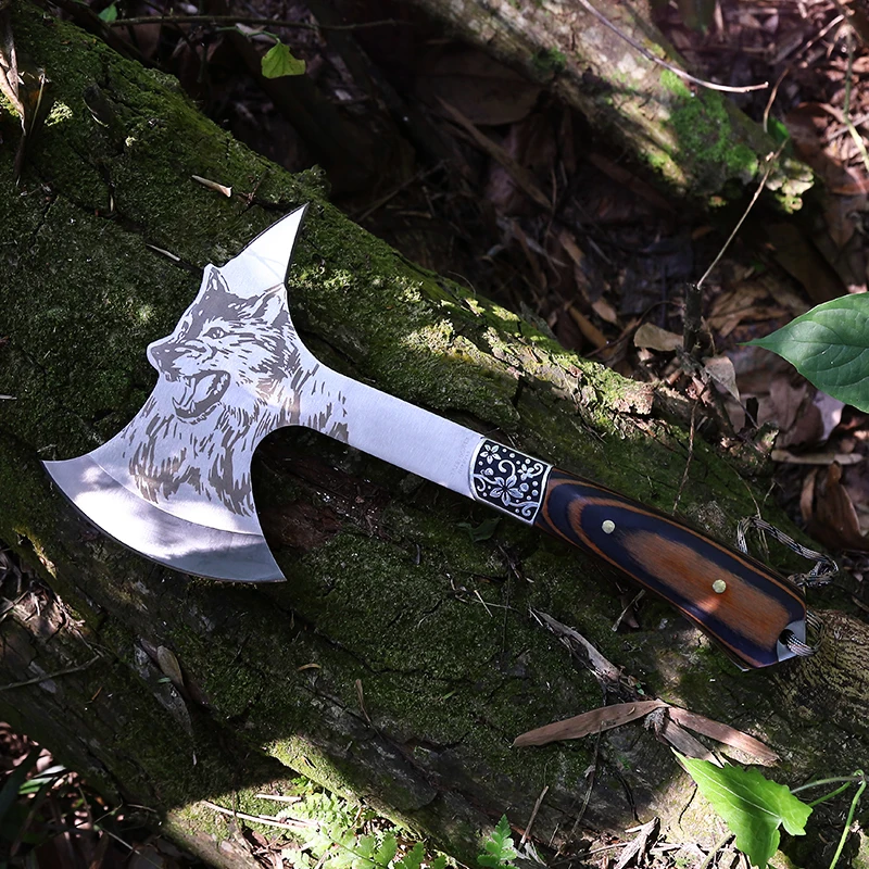 Hot Selling Multi Functional Wild Wolf Pattern Wooden Handle Outdoor Camping Tactics Handmade axe Tool product view 3