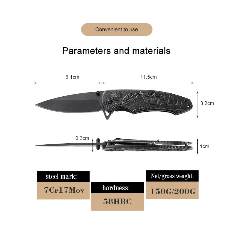 3D Relief Folding Pocket Knife Outdoor Knives Portable Camping Hiking Knife for Daily Use product view 2