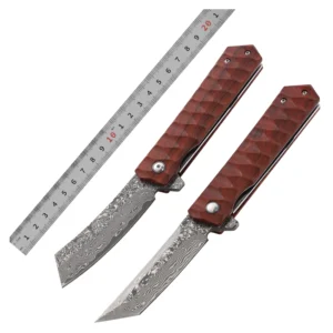 Excellent Quality African Rosewood Jacket Design Damascus Steel Pocket Folding Knife with Plate and Tanto Ponint
