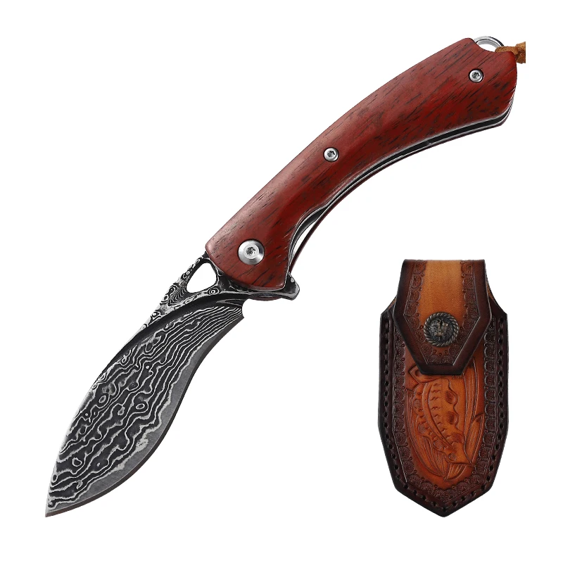 Handmade Outdoor Pocket Knife Damascus Steel Blade High Hardness Forged Sandalwood Handle for DIY product view 1