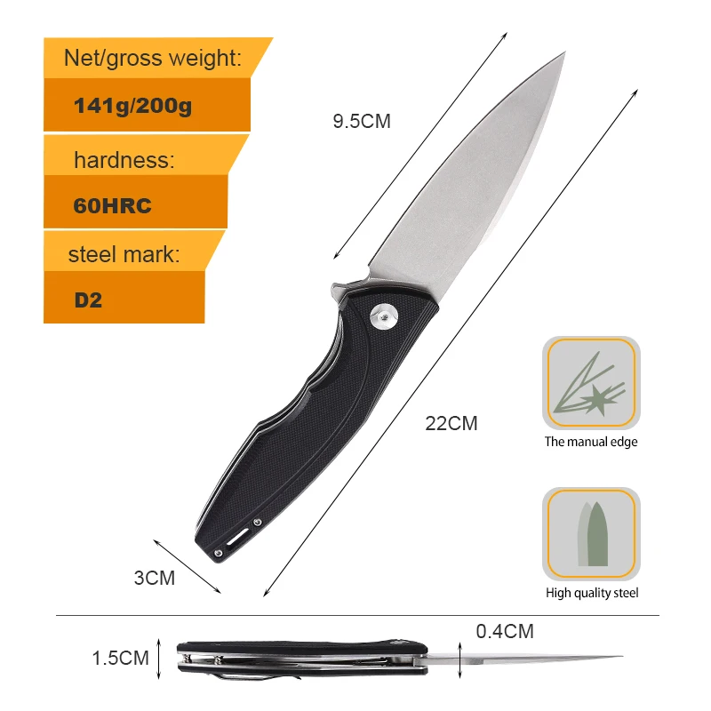 Outdoor Camping Knife Foldable G10 Handle D2 Steel for Men Utility Pocket Knife Customizable product view 2