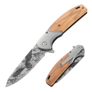 Small Order Wholesale Custom Personalized Laser Carved Olive Handle Tactics Outdoor Pocket Folding Knife