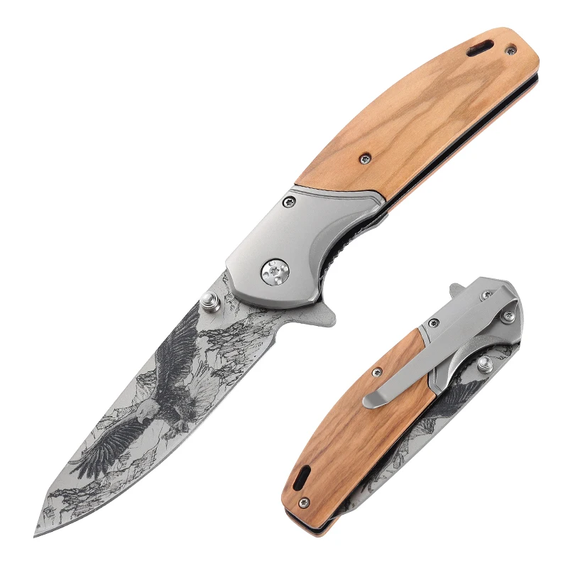 Small Order Wholesale Custom Personalized Laser Carved Olive Handle Tactics Outdoor Pocket Folding Knife product view 1