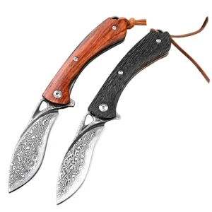 High Grade Sandalwood Ebony Handle Handmade Damascus Hunting Knife Folding Pocket Knife with Leather Sheath