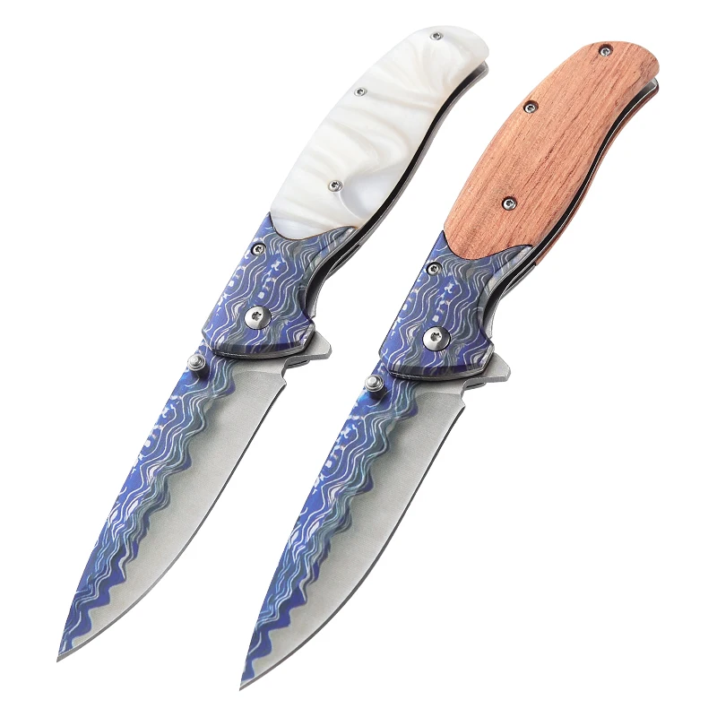 Top Grade 3CR13MOV Pocket Folding Knife with Wood Handle Resin Stainless Steel Wave Print for EDC Industrial Use Supported product view 1