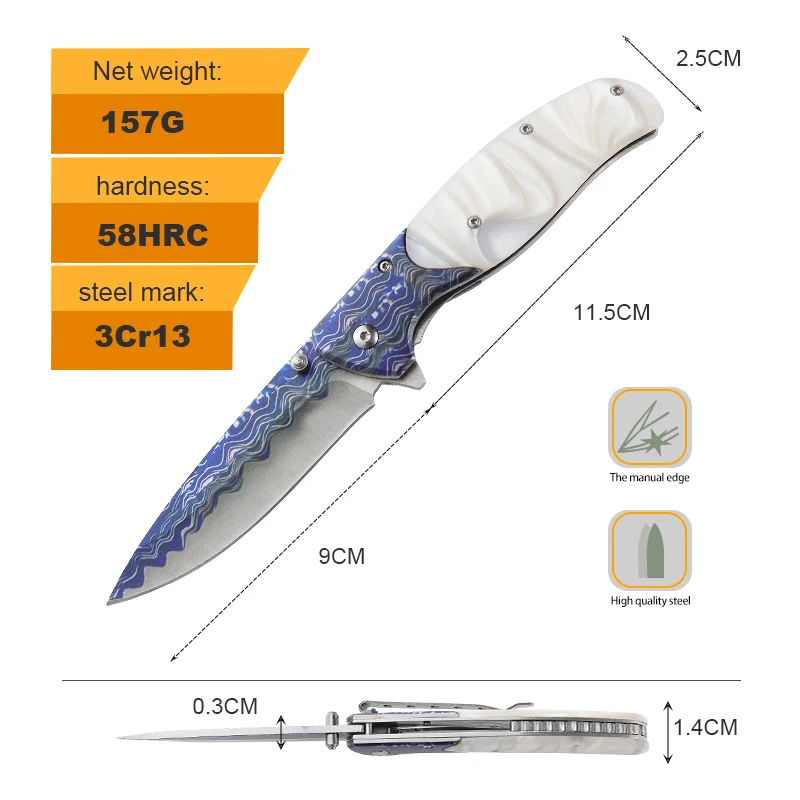 Top Grade 3CR13MOV Pocket Folding Knife with Wood Handle Resin Stainless Steel Wave Print for EDC Industrial Use Supported product view 2