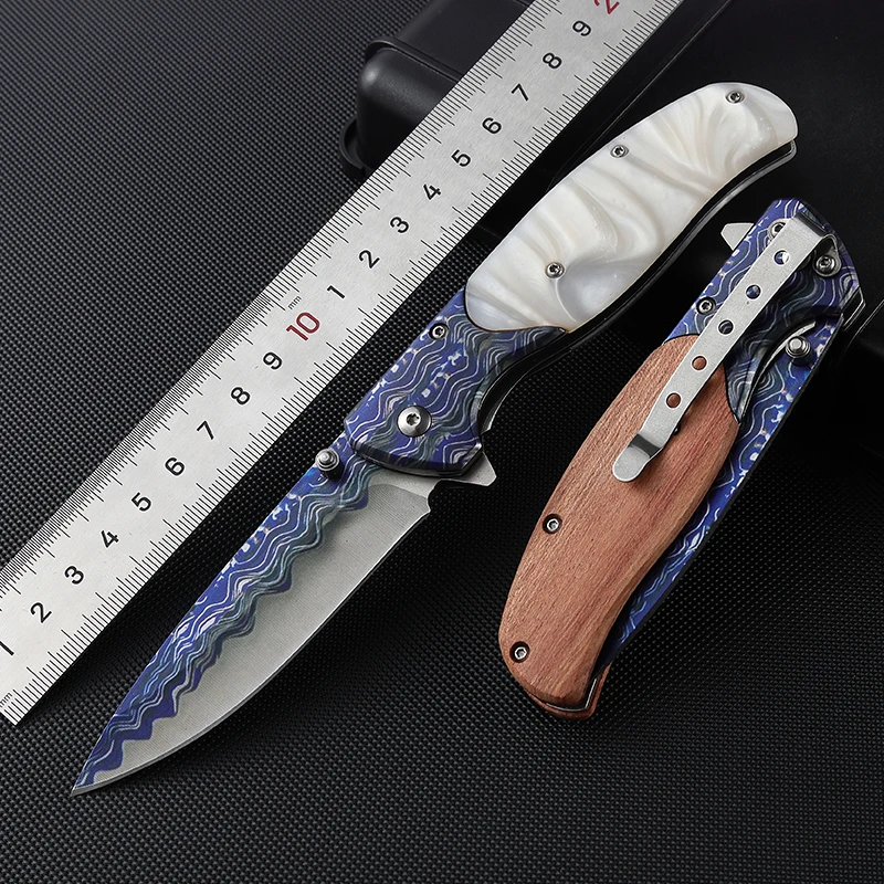 Top Grade 3CR13MOV Pocket Folding Knife with Wood Handle Resin Stainless Steel Wave Print for EDC Industrial Use Supported product view 3
