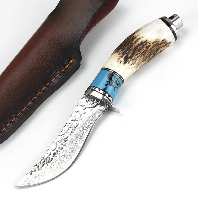 Damascus Straight Knife Damascuss Steel Drop Point Lâmina Horn Steel Head Handle Lâminas Fixas Knives with Sheath product view 1