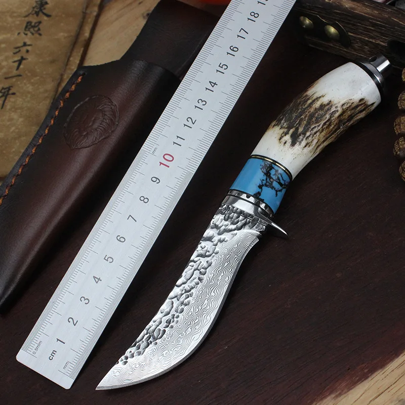 Damascus Straight Knife Damascuss Steel Drop Point Lâmina Horn Steel Head Handle Lâminas Fixas Knives with Sheath product view 2