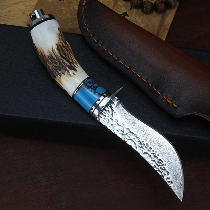 Damascus Straight Knife Damascuss Steel Drop Point Lâmina Horn Steel Head Handle Lâminas Fixas Knives with Sheath product view 3