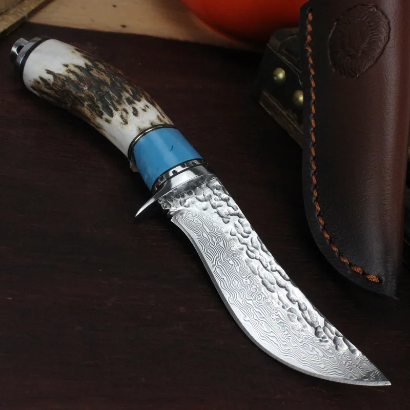 Damascus Straight Knife Damascuss Steel Drop Point Lâmina Horn Steel Head Handle Lâminas Fixas Knives with Sheath product view 4