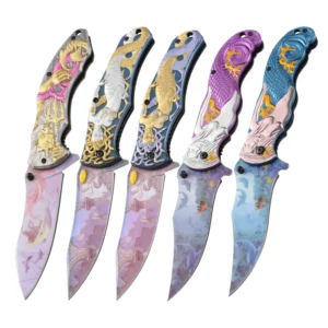 All Steel Mermaid Embossed Handle Folding Knives Outdoor Camping Pocket Knife Coloful Pattern Folding Knife with Clip