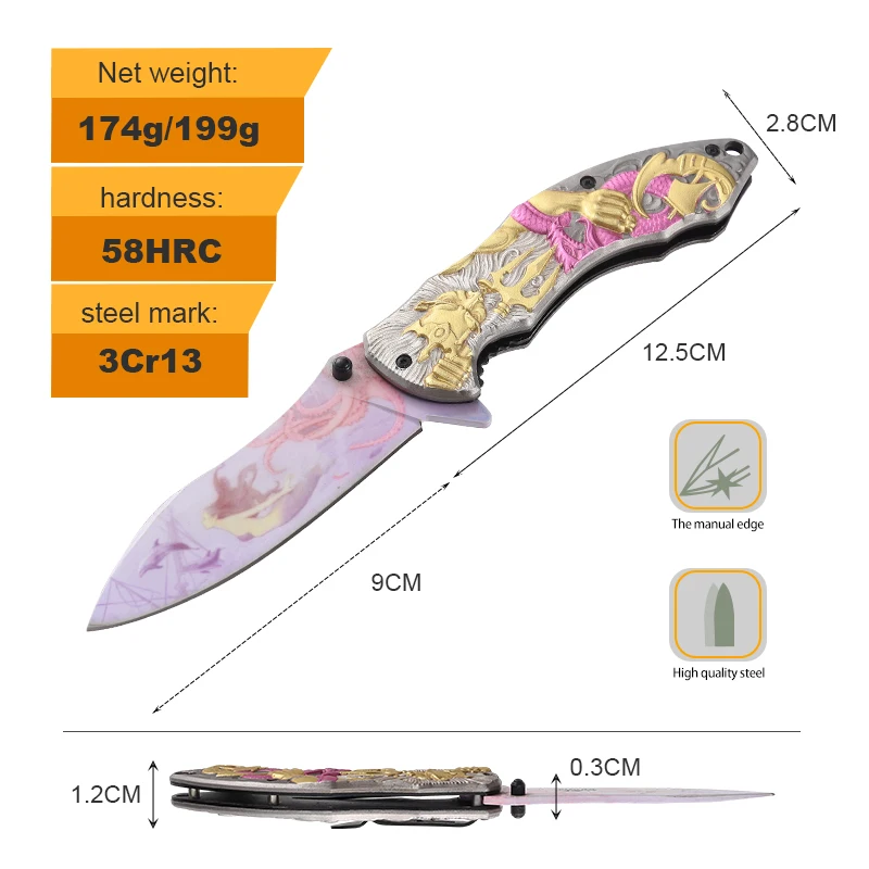 All Steel Mermaid Embossed Handle Folding Knives Outdoor Camping Pocket Knife Coloful Pattern Folding Knife with Clip product view 2
