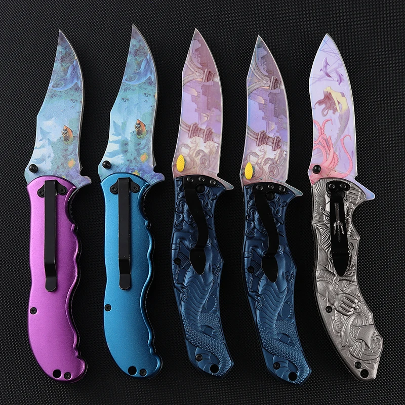 All Steel Mermaid Embossed Handle Folding Knives Outdoor Camping Pocket Knife Coloful Pattern Folding Knife with Clip product view 3