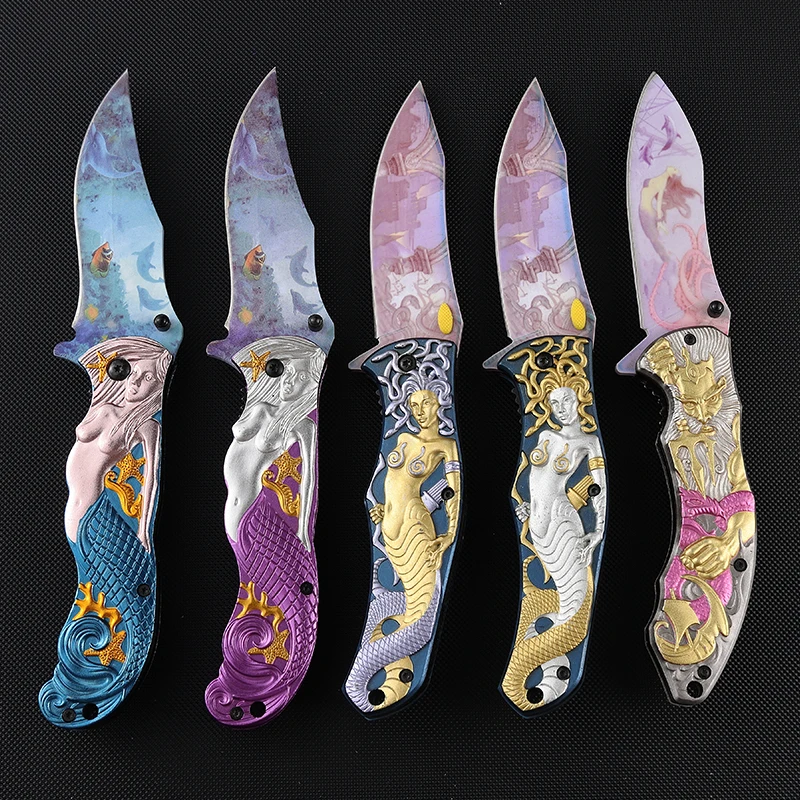 All Steel Mermaid Embossed Handle Folding Knives Outdoor Camping Pocket Knife Coloful Pattern Folding Knife with Clip product view 4