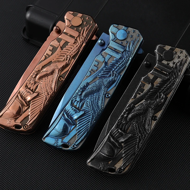 Hot Sale All Steel Folding Pocket Knife New Design Embossed Flying Eagle Outdoor Camping DIY Customizable product view 3