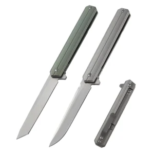 Salutgh Quality D2 Outdoor Titanium Alloy Folding Camping Pocket Knife with Green Silver Color