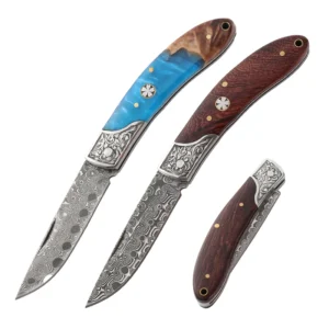 New Rosewood/Resin Handle EDC Pocket Folding Knife Damascus Steel Blade Knife for Camping&Hunting