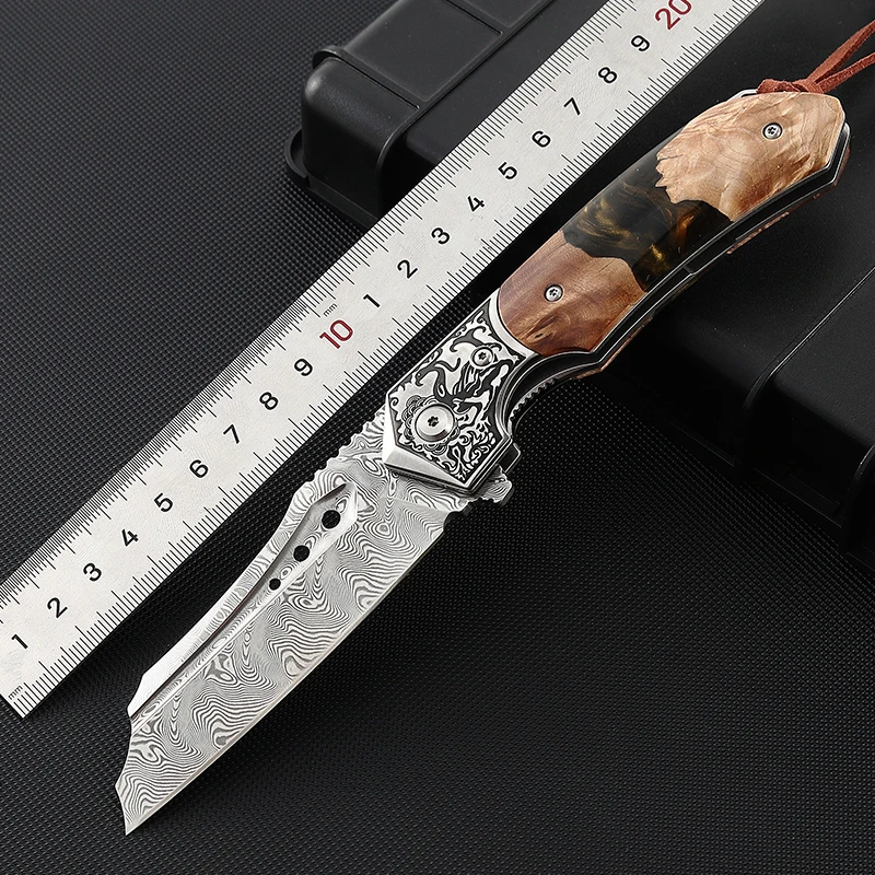 Damascus Steel Wood Handle Folding Pocket Knife - MZ-322 - product view 2