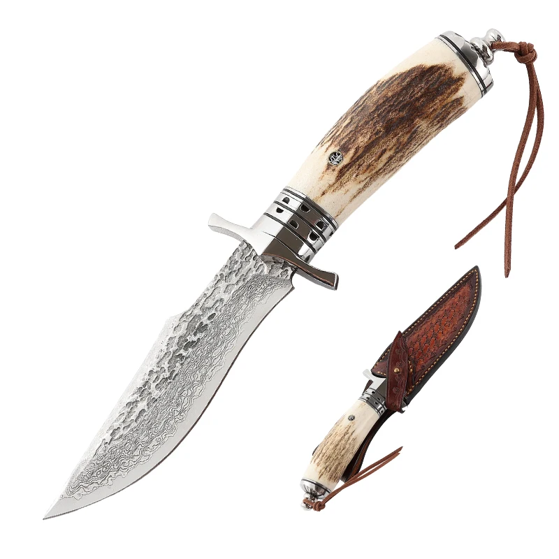 Handmade Forged VG10 Damascus Steel Hunting Knife Fixed Blade Knife With Horn Handle and Vintage Leather Sheath for Camping - product view 1