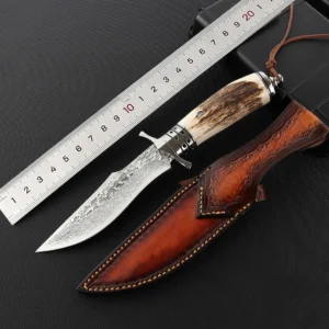 Handmade Forged VG10 Damascus Steel Hunting Knife Fixed Blade Knife With Horn Handle and Vintage Leather Sheath for Camping - product view 2