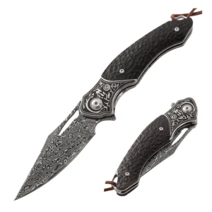 Damascus Steel Pocket Knife for Outdoor Portable Multifunctional Camping Equipment Ebony Wood Hand