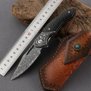 Damascus Steel Pocket Knife for Outdoor Portable Multifunctional Camping Equipment Ebony Wood Hand product view 2