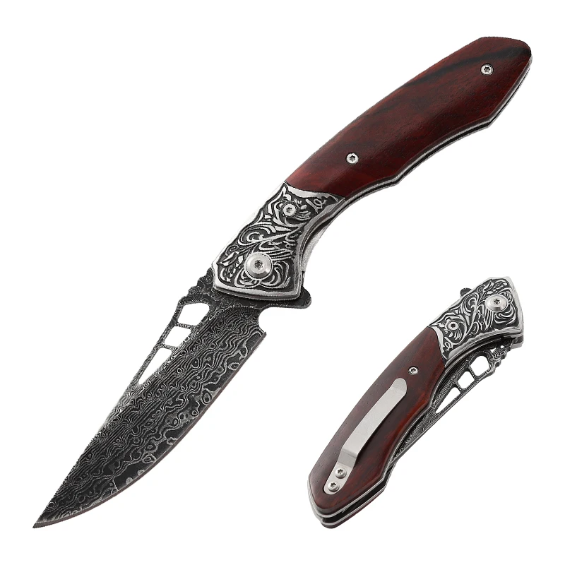 Senior Pattern Best Damascus Steel Wooden Handle Folding Knife Knife DIY Grade Pocket Knife Outdoor Camping Tools product view 1