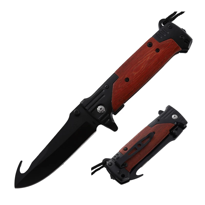 New Arrived 8Cr14 with Hook Blade Brown Wooden Handle Folding Knife for Outdoor Camping Hunting with Fire Maker - product view 1