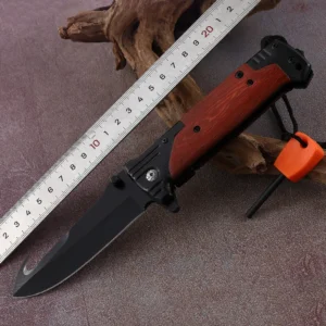 New Arrived 8Cr14 with Hook Blade Brown Wooden Handle Folding Knife for Outdoor Camping Hunting with Fire Maker - product view 2