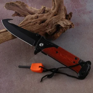 New Arrived 8Cr14 with Hook Blade Brown Wooden Handle Folding Knife for Outdoor Camping Hunting with Fire Maker - product view 3